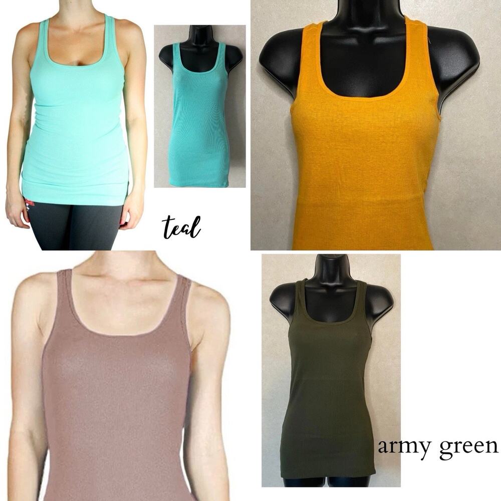 4x ACTIVE BASIC Scoop Neck Racerback Rib Tank Top Women Brown Green Teal Small